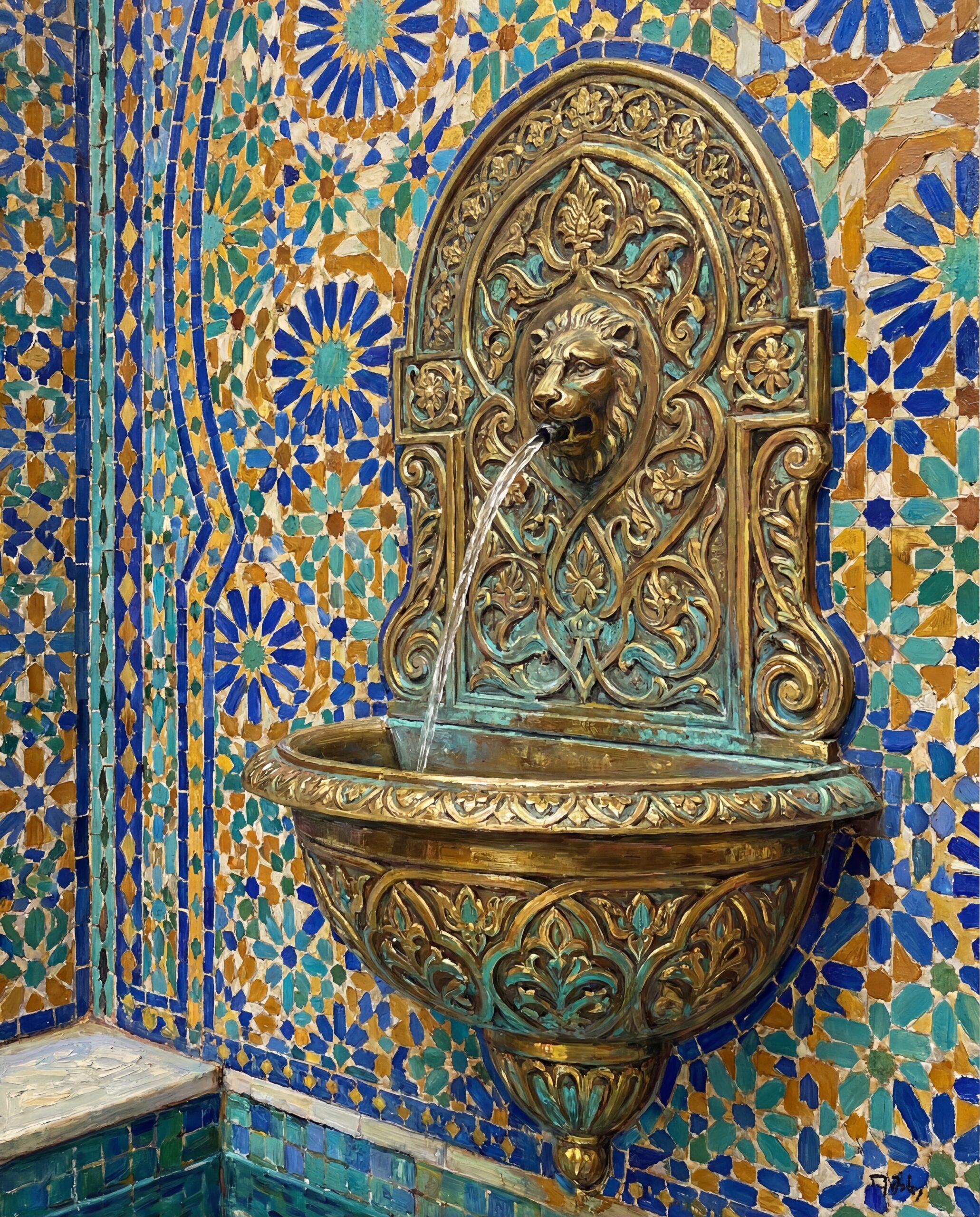 Ornate Brass Fountain with Zellige