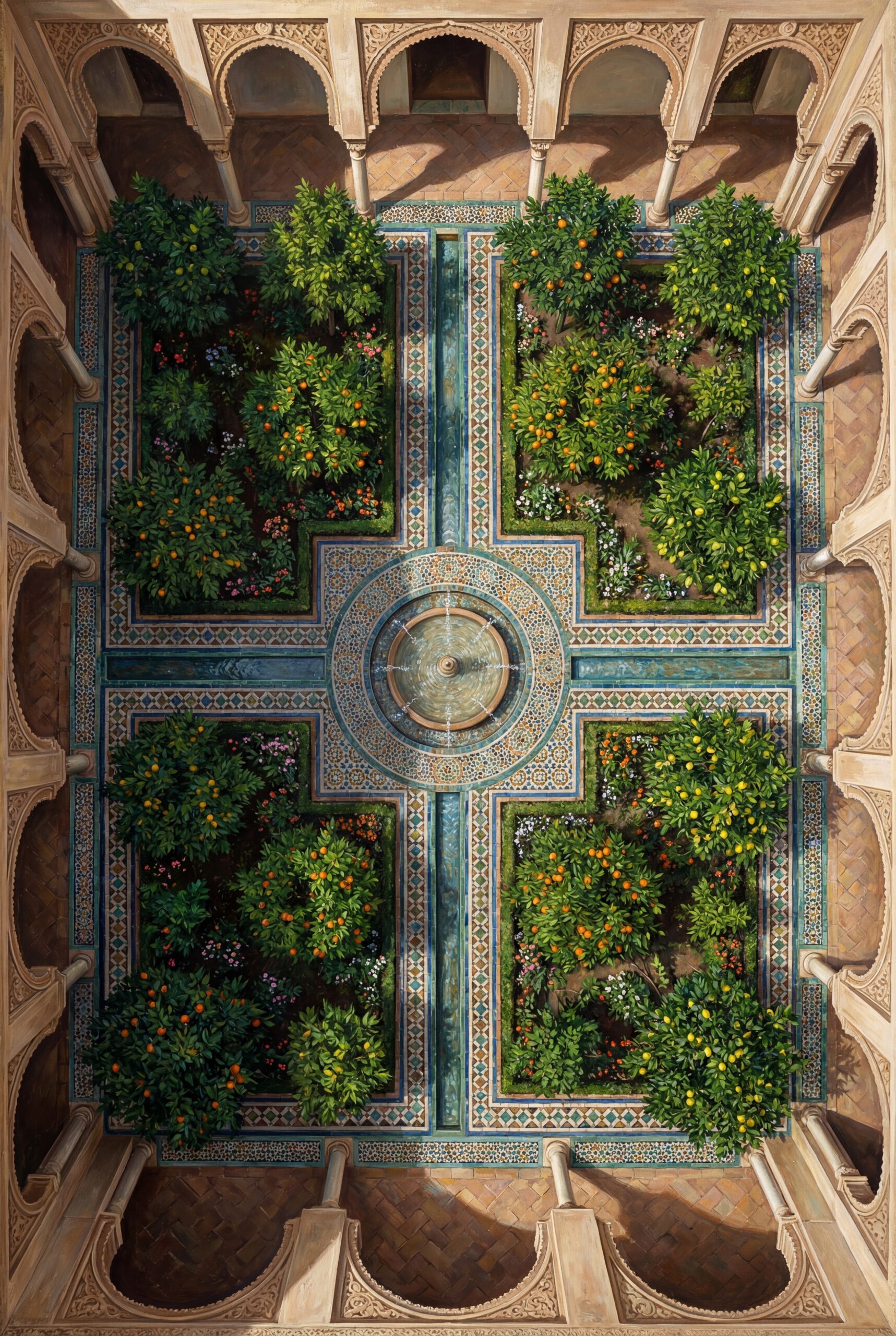 Andalusian garden from upper gallery crossed water channels art print