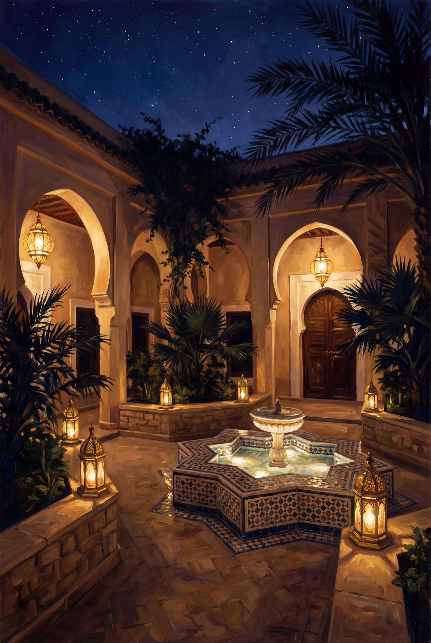 Moroccan Courtyard Fountain at Night