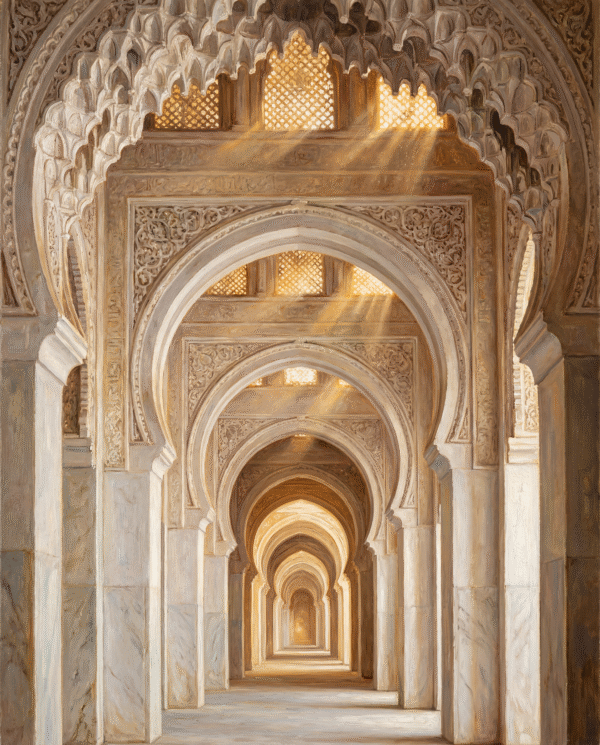 White marble Moroccan horseshoe arches receding to vanishing point
