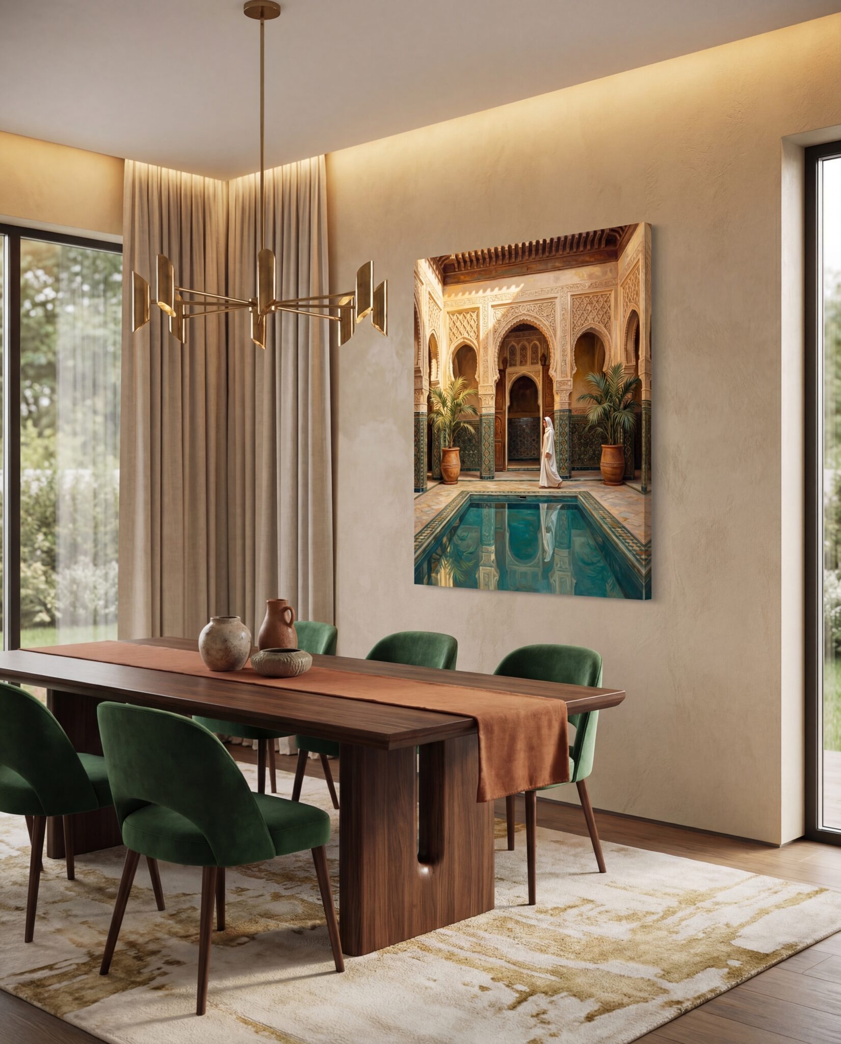 Moroccan Riad Courtyard canvas in minimalist luxury dining room
