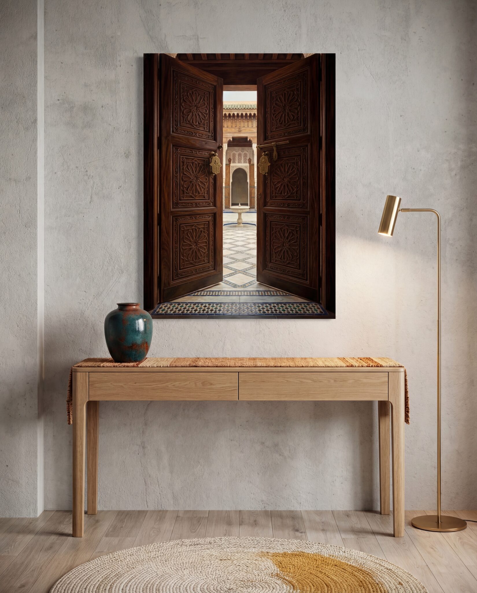 Carved cedar double doors canvas in minimalist Japanese-style room