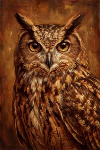 Wise owl portrait warm earth tones detailed feathers luxury canvas
