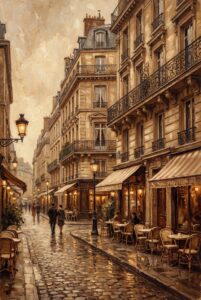 Romantic Parisian street scene warm earth tones Haussmann buildings