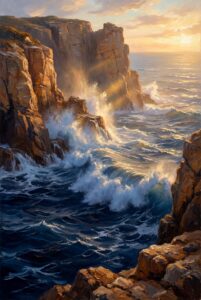 Dramatic ocean cliff deep navy blue crashing waves canvas art