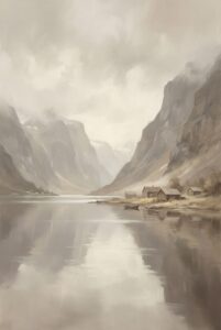 Peaceful Nordic fjord scene soft neutral tones misty canvas art